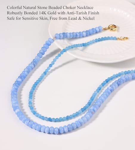 CASDAN 2Pcs Natural Gemstone Beaded Choker Necklaces for Women | Boho Colorful Beads Choker,Natural Stone Surfer Beach Necklaces,Handmade Summer Jewelry,Charm Trendy Necklaces - color: Light blue