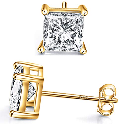 925 Sterling Silver Stud Earrings 4 Prong Princess Cut Square Cubic Zirconia Ear Stud for Women Men CZ 4mm-7mm - style: Yellow Gold--1.60cttw (4mm)