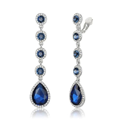 EleQueen Women's Wedding Crystal Teardrop Pear Shape 3 Inch Clip on Long Dangle Earrings for Bride Bridesmaid, Jewelry for Party Prom/Anniversary - color: Navy Blue Silver-Tone