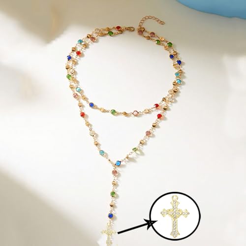 Colorful Crystal Long Necklace for Women Dainty Boho Y-Shaped Color Bead Necklaces Sparkly Rhinestone Pendant Layered Gold Long Chain Choker Good Luck Trend Jewelry Gift Jewelry - color: Cross+Double Gold
