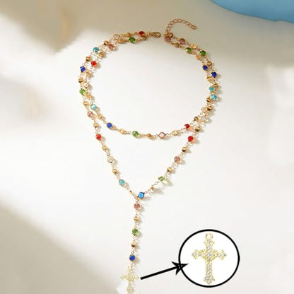 Colorful Crystal Long Necklace for Women Dainty Boho Y-Shaped Color Bead Necklaces Sparkly Rhinestone Pendant Layered Gold Long Chain Choker Good Luck Trend Jewelry Gift Jewelry - color: Cross+Double Gold
