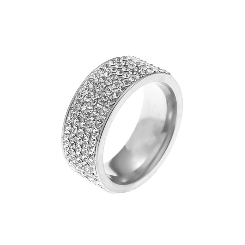 Multi Row Rhinestone Stainless Steel Band Ring Jewelry for Women | Multi rows shiny rhinestones, durable stainless steel, stylish band, ideal birthday holiday gift jewelry for women - color: silvery