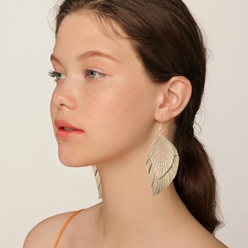 Handmade Bohemian Large Soft Genuine Leather Fringe Double Feather Dangle Drop Earrings Lightweight Simple Color PU Leaf Hook Earrings for Women - color: khaki