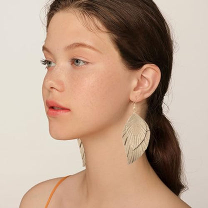 Handmade Bohemian Large Soft Genuine Leather Fringe Double Feather Dangle Drop Earrings Lightweight Simple Color PU Leaf Hook Earrings for Women - color: khaki