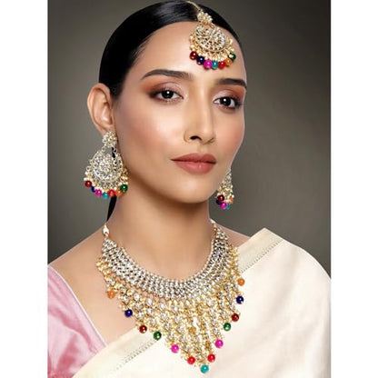 Aheli Elegant Indian Wedding Wear Faux Kundan Studded Choker Necklace with Maang Tikka Set Ethnic Fashion Jewelry for Women Maroon Kundan & Pearl Drop - color: Multi color