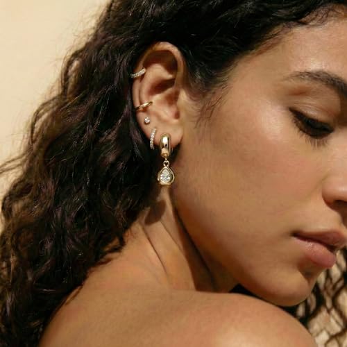 NIXMAX Trendy Gold Dangle Earrings for Women, Chunky Statement CZ Hoops | Bezel-Set Cubic Zirconia Charm, 14K Gold Plated, Lightweight Hypoallergenic Jewelry, Fashion Accessories, Gifts for Women - color: Gold-Chunky Teardrop Hoops