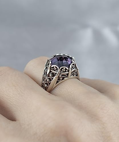 Filigranist 925 Sterling Silver Filigree Art Women Mini Dome Cocktail Ring with Gemstone, Gift Boxed - color: Amethyst