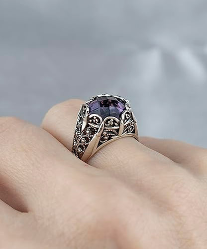 Filigranist 925 Sterling Silver Filigree Art Women Mini Dome Cocktail Ring with Gemstone, Gift Boxed - color: Amethyst