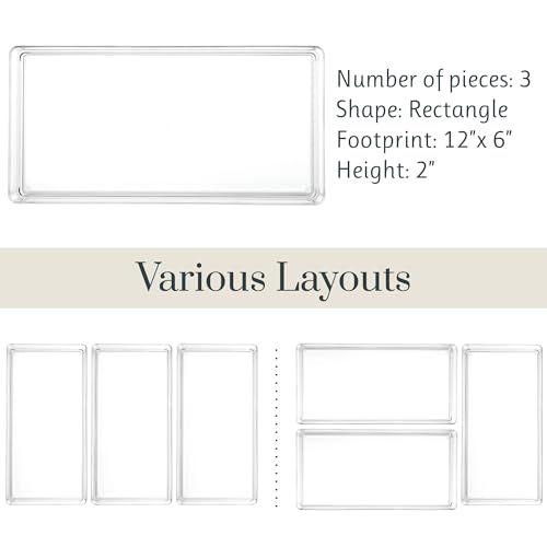 STORi SimpleSort 3-Piece Stackable Clear Drawer Organizer, 12" x 6" x 2" | Rectangle Trays, Wide Makeup Vanity Storage Bins, Office Desk Drawer Dividers, Made in USA - size: 12x6x2"