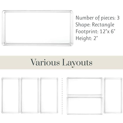 STORi SimpleSort 3-Piece Stackable Clear Drawer Organizer, 12" x 6" x 2" | Rectangle Trays, Wide Makeup Vanity Storage Bins, Office Desk Drawer Dividers, Made in USA - size: 12x6x2"
