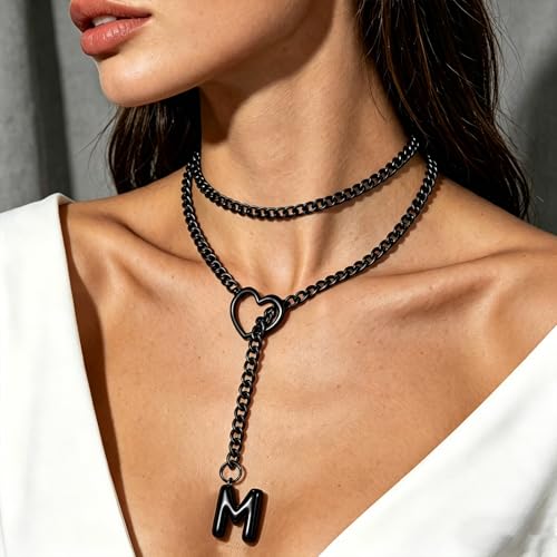 Black Heart Slip Chain Initial Necklaces for Women, Stainless Steel Wrap Choker Necklace, Gothic O-Ring Adjustable Lariat Y Necklaces, Punk Cuban Collar Choker Necklace, Halloween Jewelry Gift - color: Black M
