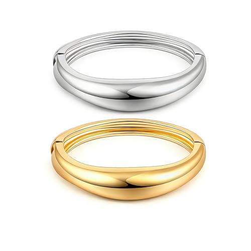 Chunky Gold Bangles Bracelets for Women Trendy Stack Statement Bangle Irregular Cuff Bracelets Fashion Jewelry Gift - color: Gold1+Silver1