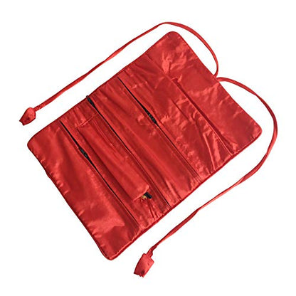 Travel Jewelry Roll Bag - Embroidered Brocade Pouch for Rings, Necklaces, Earrings, Bracelets | Lightweight & Tie Closure (Red) - color: Red