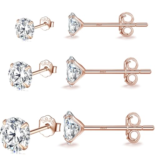 MASOP VOGU 3-5mm Sterling Silver Stud Earrings Set 14K White Gold Plated Hypoallergenic Tiny Round Cut CZ Cubic Zirconia Simulated Diamond Cartilage Studs for Women Men - color: Rose Gold Color