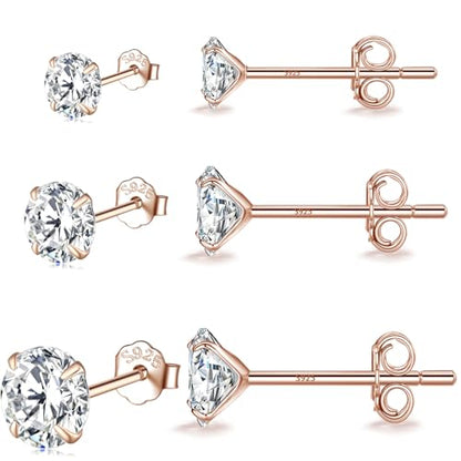 MASOP VOGU 3-5mm Sterling Silver Stud Earrings Set 14K White Gold Plated Hypoallergenic Tiny Round Cut CZ Cubic Zirconia Simulated Diamond Cartilage Studs for Women Men - color: Rose Gold Color