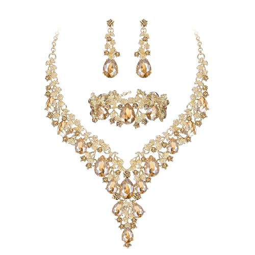 Wedding Bridal Necklace Earrings Jewelry Set for Women | Gorgeous Austrian Crystal Teardrop Flower Cluster for Bridal Bride Bridesmaid - color: 3Pcs-Champagne Gold-Tone