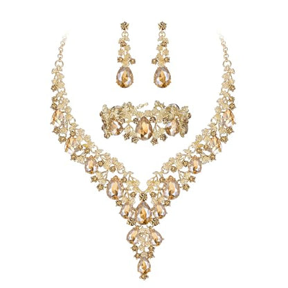 Wedding Bridal Necklace Earrings Jewelry Set for Women | Gorgeous Austrian Crystal Teardrop Flower Cluster for Bridal Bride Bridesmaid - color: 3Pcs-Champagne Gold-Tone