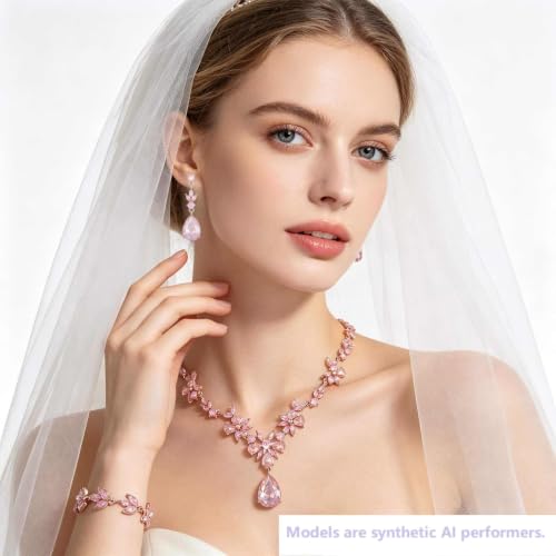 Kamirola Bridal Jewelry Set, Jewelry Set for Women, Necklace Dangle Earrings Bracelet Set, White Gold Plated (TR76) - color: Cream Pink
