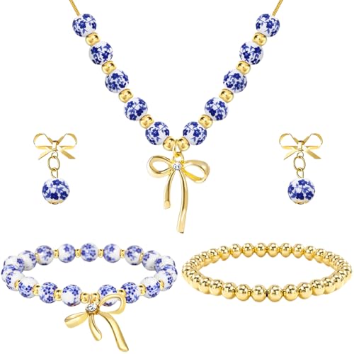 NEWITIN 2 Pieces Summer Beach Jewelry for Women Chunky Beaded Necklace Bracelet Trendy Big Resin Beaded Choker Boho Charm Statement Colorful Jewelry Set for Women - color: Gold Bow A