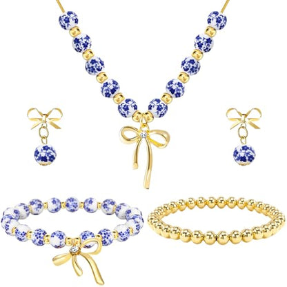 NEWITIN 2 Pieces Summer Beach Jewelry for Women Chunky Beaded Necklace Bracelet Trendy Big Resin Beaded Choker Boho Charm Statement Colorful Jewelry Set for Women - color: Gold Bow A