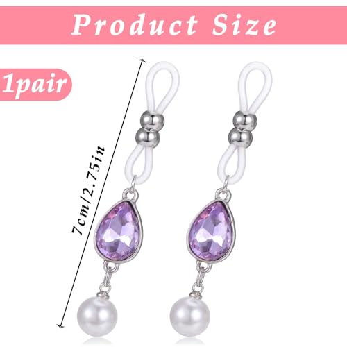 Pearls Nipple Rings Non Piercing, Purple Rhinestone Nipple Clips Adjustable Nipples Jewelry for Women, Non Pierced Pendant Faux Nipples Piercing Body Chains