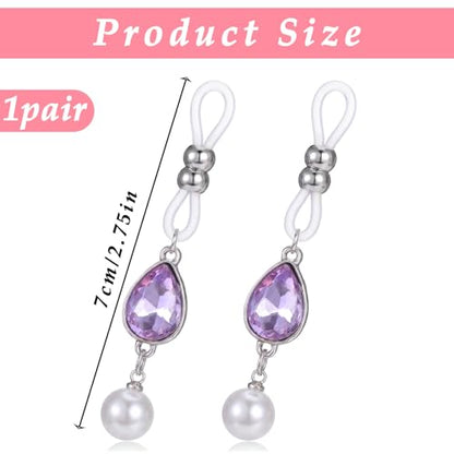 Pearls Nipple Rings Non Piercing, Purple Rhinestone Nipple Clips Adjustable Nipples Jewelry for Women, Non Pierced Pendant Faux Nipples Piercing Body Chains