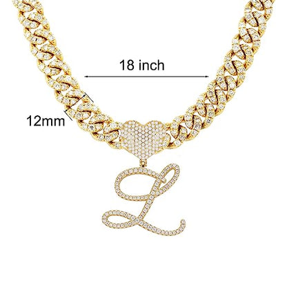 Initial Necklaces Silver Cuban Link Chain for Women Iced Out Chain with Heart Letter Pendants Custom Chain Name Necklace Hip Hop Jewelry Gift - color: L Gold