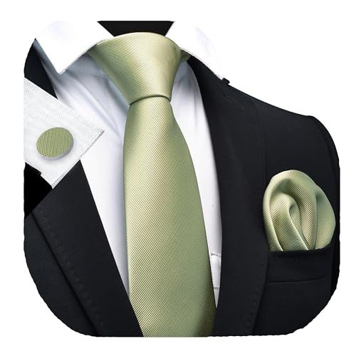GUSLESON 3.15"（8cm） Solid Color Necktie and Pocket Square Cufflinks Sets For Men + Gift Box - color: Dark Sage Green