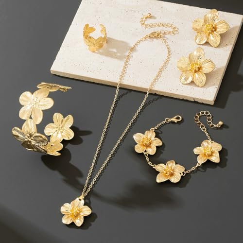 Gold Flower Jewelry Set For Women, 5 Pcs Chunky Golden Floral Pendant Necklace Bracelet Earrings Ring Set Statement Flower Jewelry Gifts For Beach Wedding - color: 5pcs-Gold