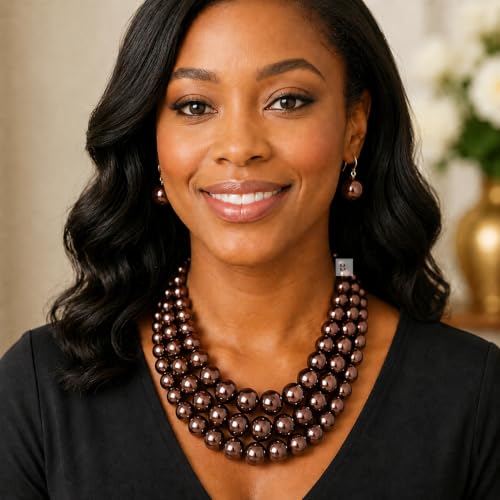 Simulated Pearl Necklace & Earring Set, Multi Strand - color: Dark Brown