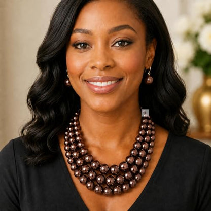 Simulated Pearl Necklace & Earring Set, Multi Strand - color: Dark Brown