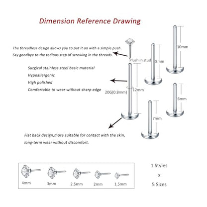 Aumeo 20G 18G 16G Threadless Push in Nose Rings Studs Surgical Steel Labret Jewelry Monroe Lip Rings Studs Medusa Ashley Piercing Jewelry for Women - color: Silver, size: 20g*6/7/8/10/12mm