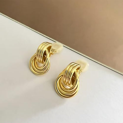 14K Gold-plated Clip On Earrings for Women Knot Link Trendy Small Dainty Non Pierced Earring Hoops Drop Dangle Earrings Lightweight Jewelry - color: A-Gold
