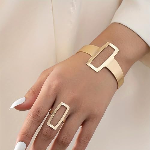 GIGB PBDK Chunky 14K Gold Ring Bracelet Set Punk Exaggerated Open Cuff Bracelets Geometric Simple Hollow Rectangle Ring Jewelry Set Presents for Women Wife