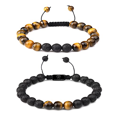 LONDON Mens Bracelet Leather Black Multi-Layer Stone Beads Adjustable Steel Clasp Viking Rope Bands Surfer Man Wristband Male UK Jewellery Gift box Boyfriend Dad Son Brother Tiger Eye - color: N. Tiger Eye & Lava Stone Mala Set, size: Medium to Large 20-2