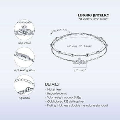 Anklet for Women S925 Sterling Silver Adjustable Foot Charm Ankle Bracelet Anklets Jewelry 9.5-10.5 Inches - color: 9# Claddagh Anklet
