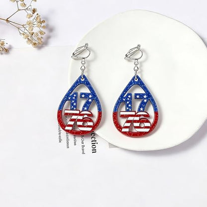 4th of July Independence Day Clip on Earring for Women American Flag Dangle Earrings Patriotic Red White Blue USA Earring, Pave Crystal Stud - color: blue water droplet