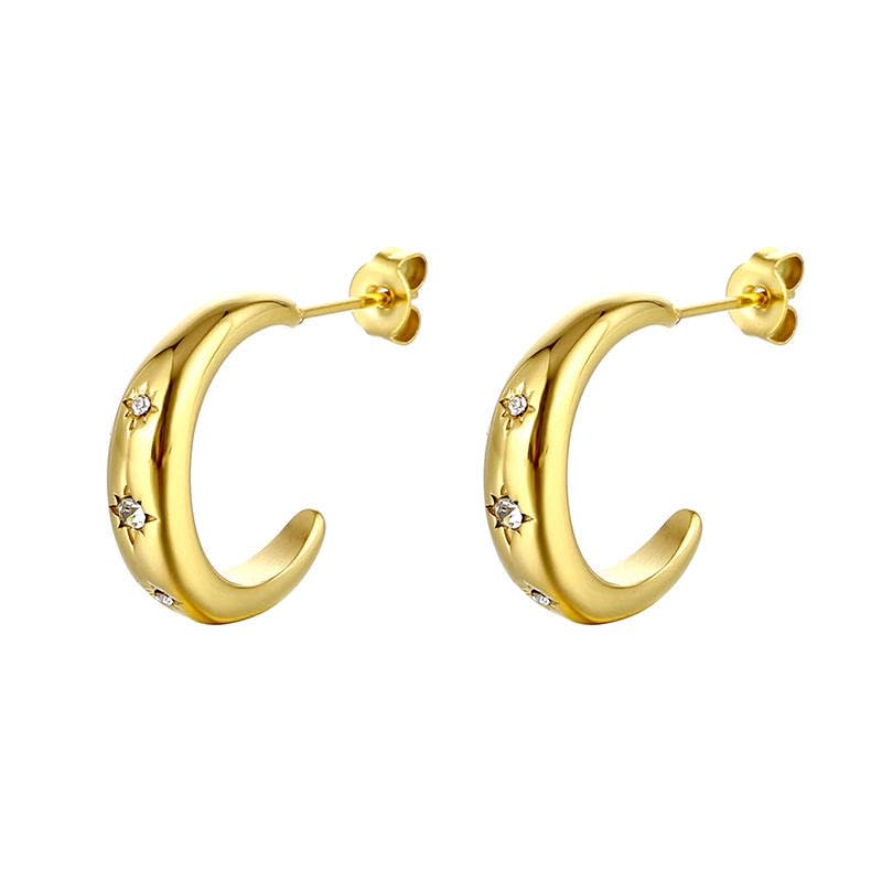 18K Gold Plated Stainless Steel Statement Earrings for Women - Trendy Hoops with Cubic Zirconia - Lightweight Non-Tarnish Waterproof Fashion Jewelry Gift - style: Zircon C-shaped Hoop