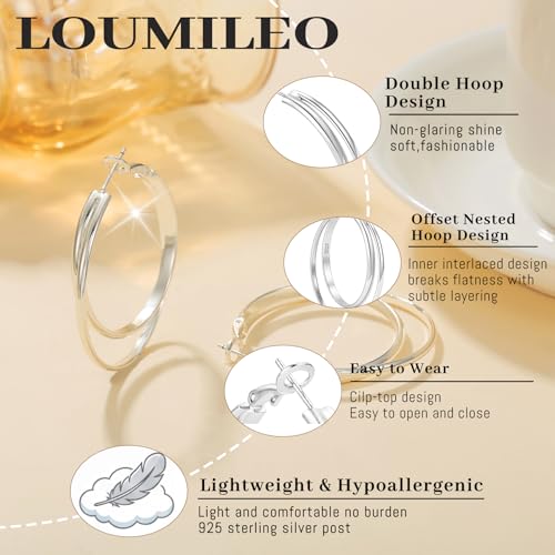 LOUMILEO 14k Gold Plated 925 Sterling Silver Post Double Hoop Earrings Hypoallergenic Lightweight Thin Large Hoop Earrings for Women 25/30/40/50/60mm - color: Silver-30mm