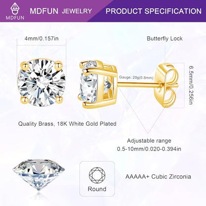 18K White/Yellow Gold Plated Stud Earrings for Men Women 4 Prong Graduated Round Clear Cubic Zirconia Hypoallergenic Earrings Set 3-8MM - color: Yellow Gold Plated, size: 4MM