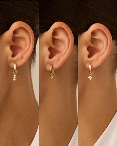 PAVOI 14K Gold Plated Mix & Match Charms Dainty Huggie Earrings for Women | Hypoallergenic Earrings with 925 Sterling Silver Posts, Huggie Hoop Earrings with Motif Dangle Charms Pack - style: Flower