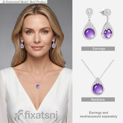 Women Trendy Faux Crystal Pendant Necklace 18K Gold/Silver Plated | CZ Halo Teardrop Drop Pendant Necklace Lightweight Fashion Jewelry Set Stackable For Wedding Daily Wear - color: Purple