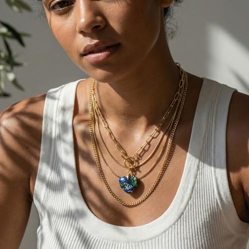 Puff Heart Healing Stone Necklace for Women, 14K Gold Plated Choker Paperclip Stainless Steel Chain, Colorful Natural Stone Boho Necklace Jewelry Gift for Women - color: Blue Stone-Gold