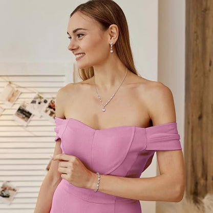 Teardrop Marquise Cubic Zirconia Wedding Prom Jewelry Set for Women Bridal | Silver/Gold/Rose Gold Plated, Pear Cut Pendant Necklace Drop Earrings Link Bracelet, for Bride Bridesmaid, for Banquet Party - style: B_Three Set, Pink Silver-Tone (Teardrop)