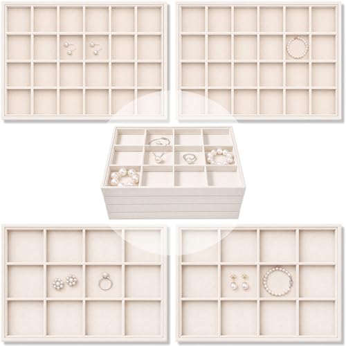 Unittype Set of 4 Stackable Jewelry Organizer Tray for Drawer Inserts Velvet Necklace Earring Bracelet Ring Holder Jewelry Display Storage Box for Bangle Stud Necklace Ring(24+12 Grid,Beige) - color: Beige, style: 24+12 Grid