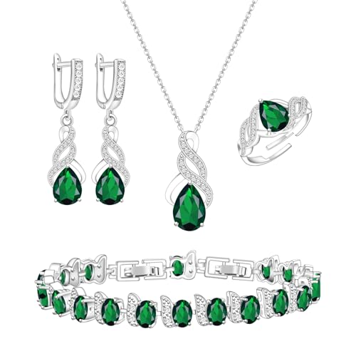 GZWHD Jewelry Set for Women CZ Earrings Necklace Ring Bracelet Set Prom Party Wedding Jewelry Gift for Mother Friend Wife - color: C-Green