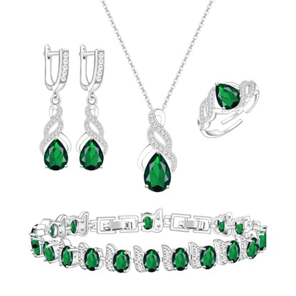 GZWHD Jewelry Set for Women CZ Earrings Necklace Ring Bracelet Set Prom Party Wedding Jewelry Gift for Mother Friend Wife - color: C-Green