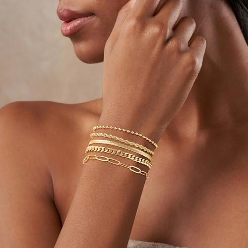 Cuzmly Bracelets for Women, Waterproof 14K Gold/Silver Plated Stackable Bracelets for Women Non Tarnish Trendy Dainty Paperclip Figaro Box Herringbone Hand Chain Bracelet Pack Stack Adjustable Jewelry for Women - style: 5 Rope