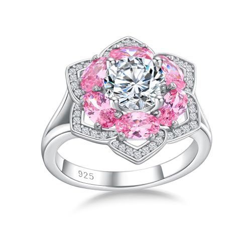 Flower Cocktail Ring for Women Stone Engagement Anniversary Rings | Sterling Silve|Hypoallergenic|Ruby|Sapphire|Emerald|Wedding and Birthday Party Women Statement Ring|Mother and Grandma Gift - color: Pink Tourmaline (Oct.)