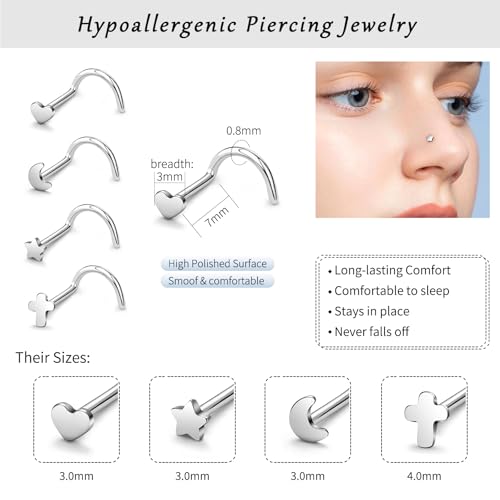 20G Nose Rings for Women, L Shaped Nostril Piercing Studs | 316L Stainless Steel, 0.8 mm×7 mm, 2 mm CZ or 3-4 mm Heart, Star, Moon and Cross, Gold-Tone or Silver-tone, Daily Wear - style: Silver Style A
